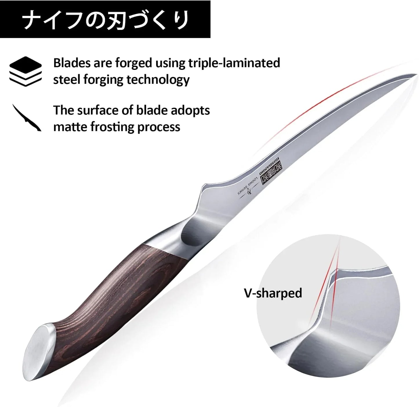 Japanese 7-inch boning knife with triple-laminated steel blade and wooden handle