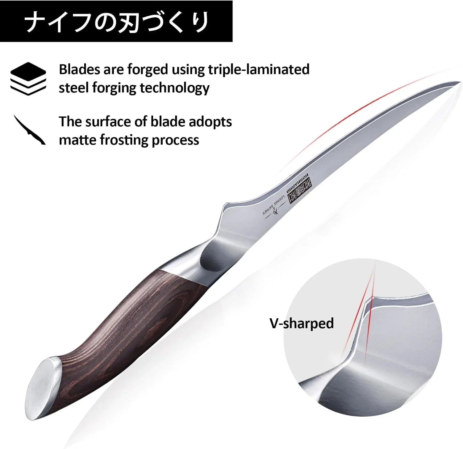 Japanese 7-inch boning knife with triple-laminated steel blade and wooden handle