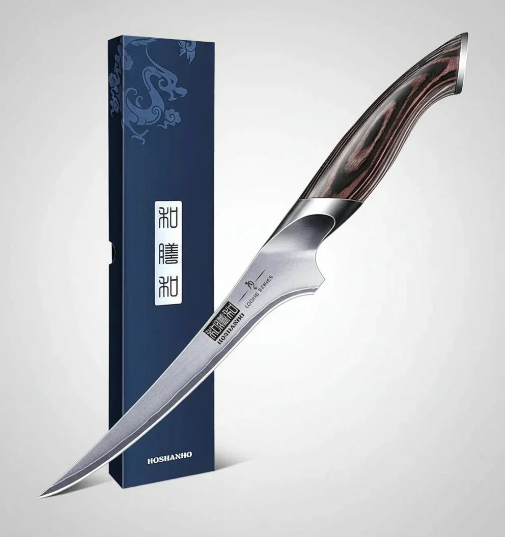 7-inch Japanese high carbon steel fillet knife with curved wooden handle beside blue decorative box