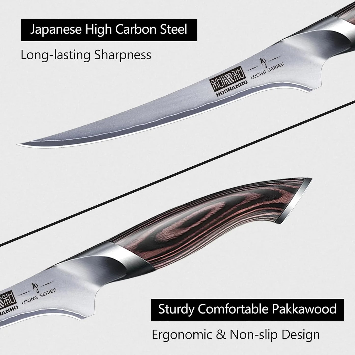 Close-up of a Japanese high carbon steel fillet knife with ergonomic pakkawood handle