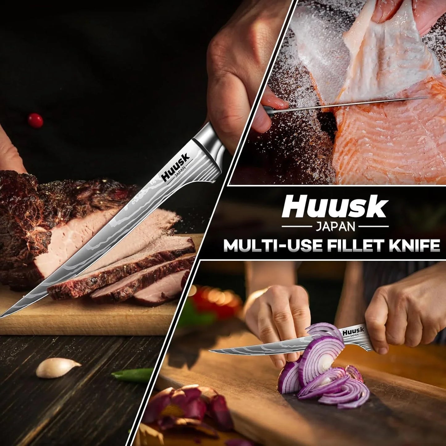 Huuski Japan multi-use fillet knife slicing meat, fish, and cutting red onion on wooden boards