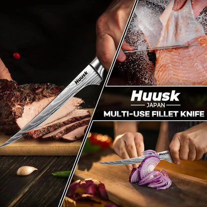 Huuski Japan multi-use fillet knife slicing meat, fish, and cutting red onion on wooden boards