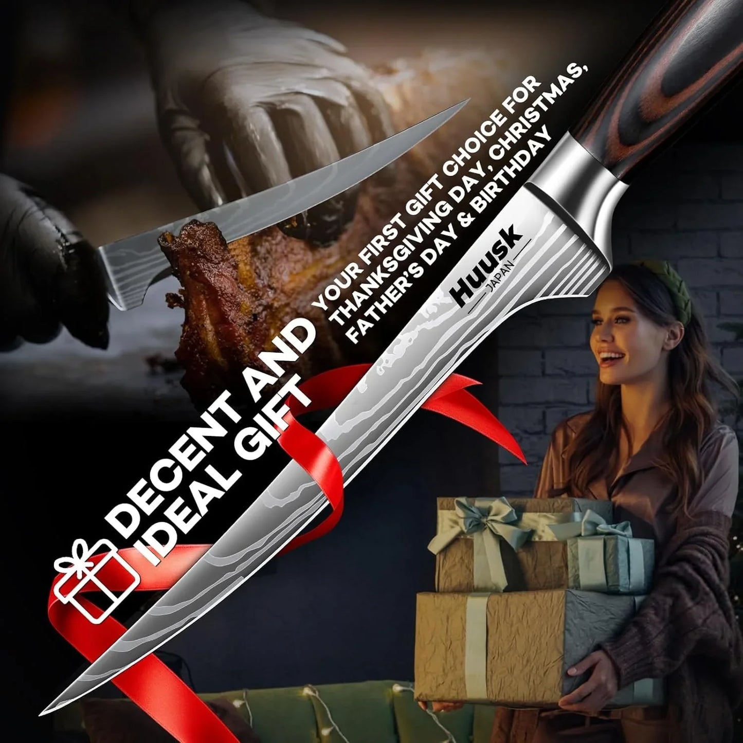 Japanese Huusk 7-inch fish fillet knife with wooden handle, red ribbon, and gift promotion text