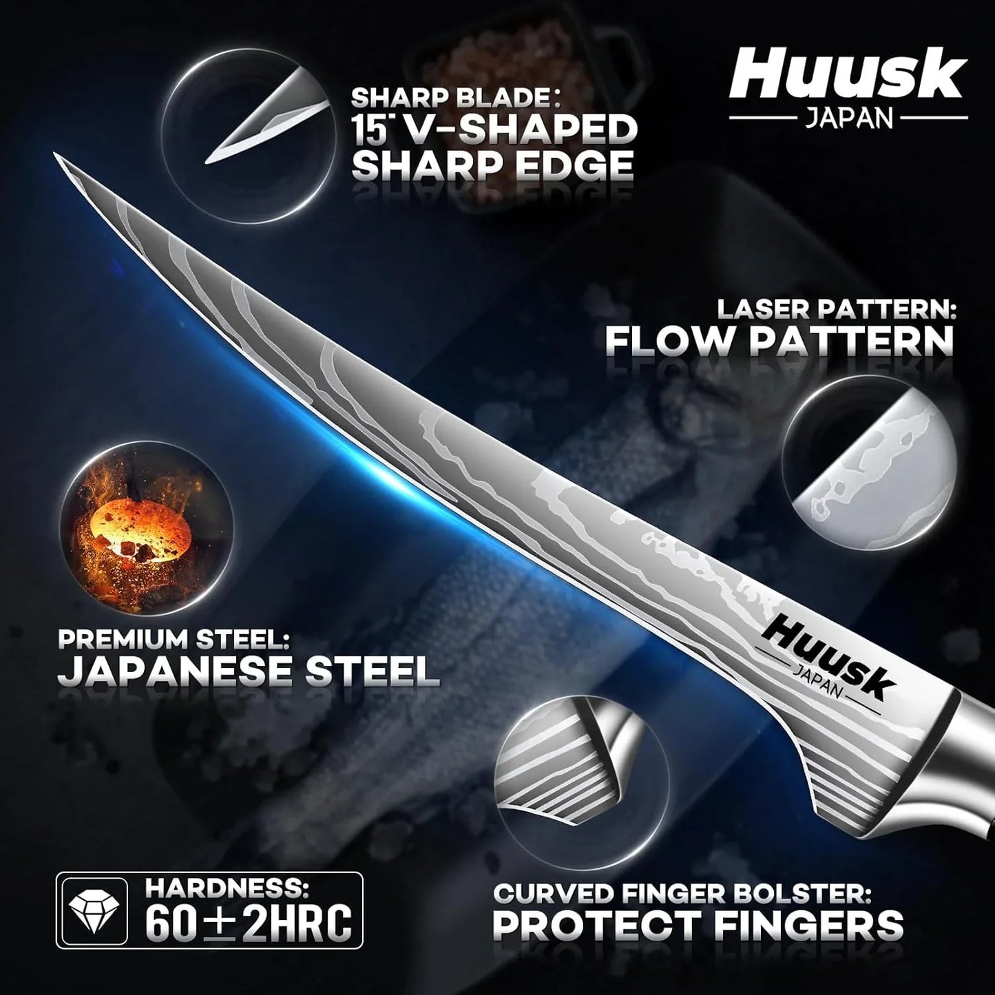 Huusk Japan premium Japanese steel knife with 15° V-shaped sharp blade and flow laser pattern