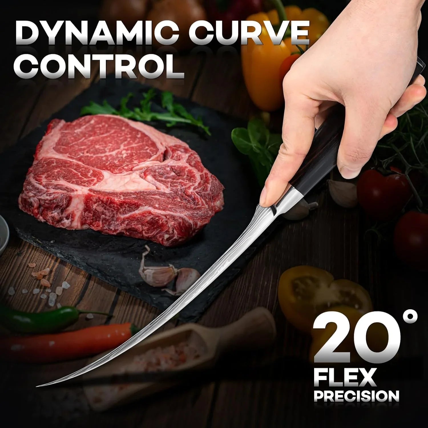 Hand holding curved fillet knife with black handle slicing near raw marbled steak on black slate with vegetables