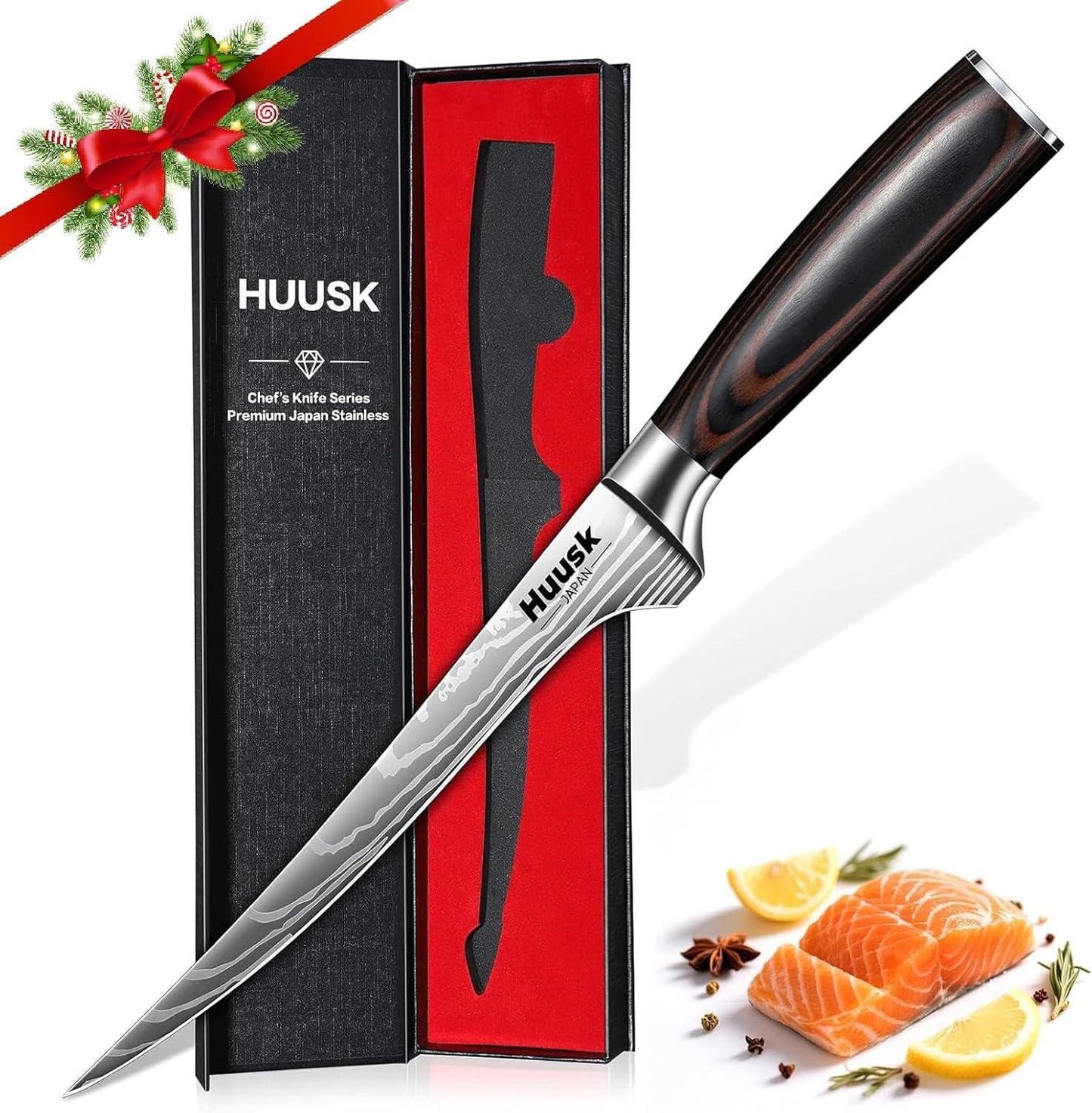 HUUSK Japanese 7-inch premium stainless steel fish fillet knife with wooden handle and packaging box