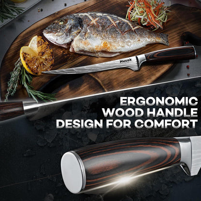 7-inch Huusk Japanese fillet knife with ergonomic wooden handle beside cooked fish on wooden board