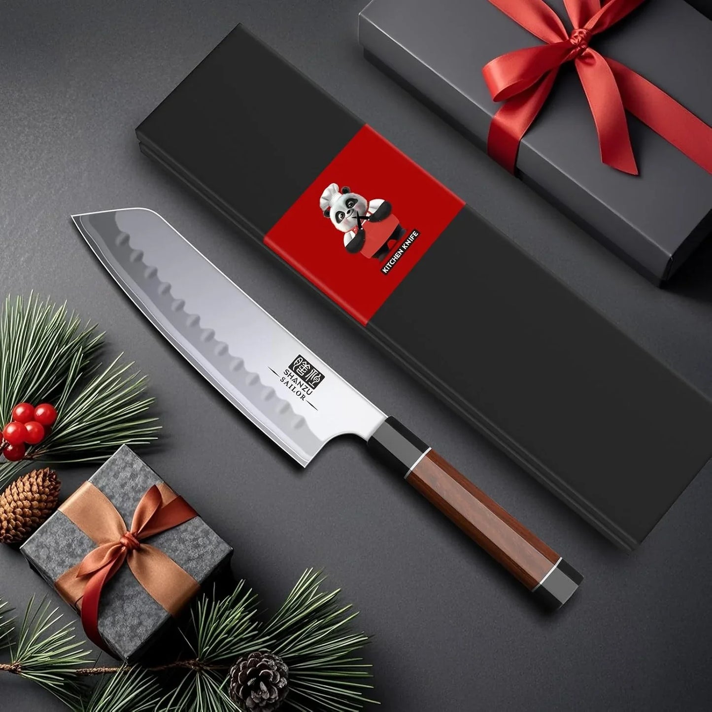 7-inch Japanese chef knife with wooden handle and wavy high-carbon steel blade near gift boxes