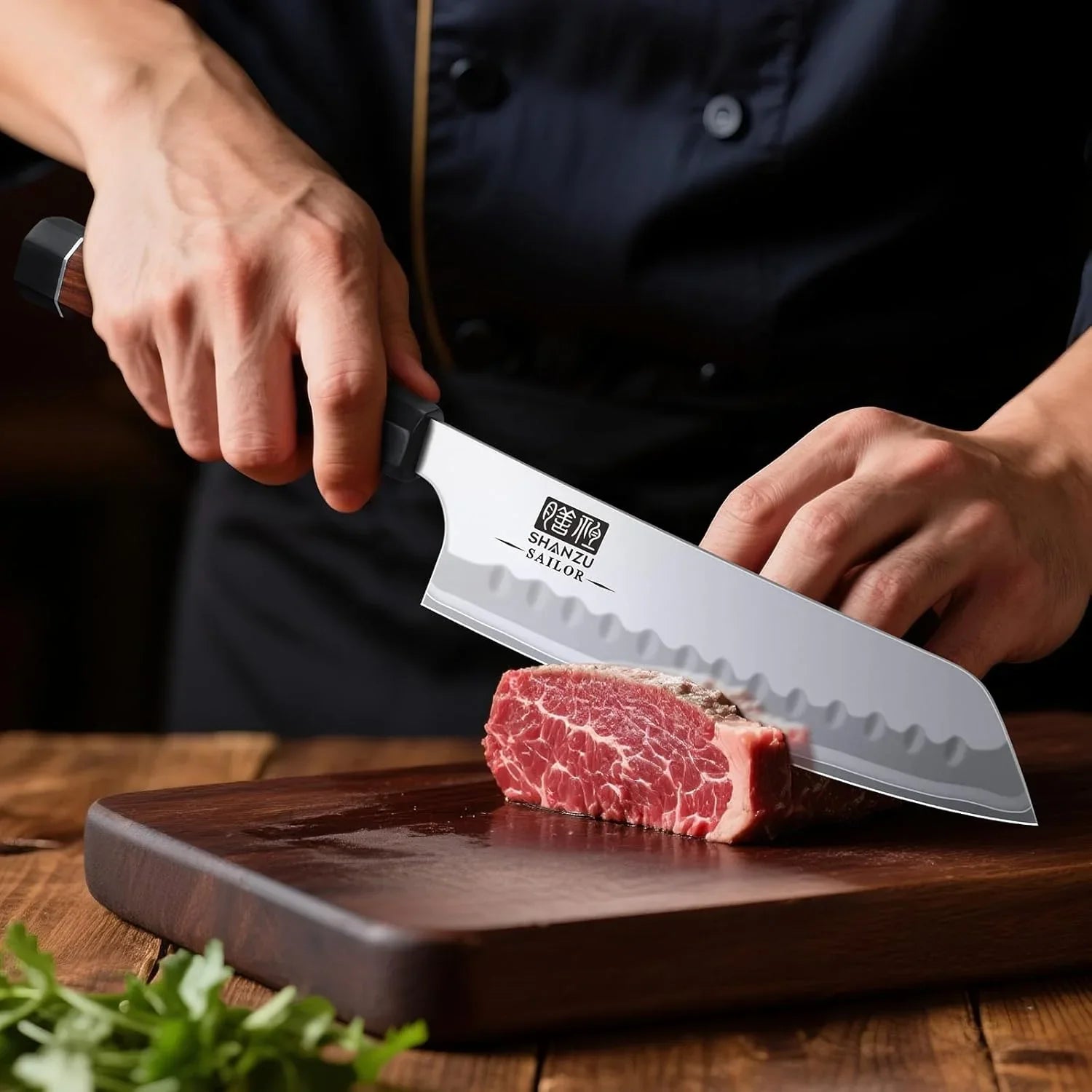 Chef slicing fresh marbled beef steak with a Shanzu Sailor Japanese chef knife on a wooden cutting board
