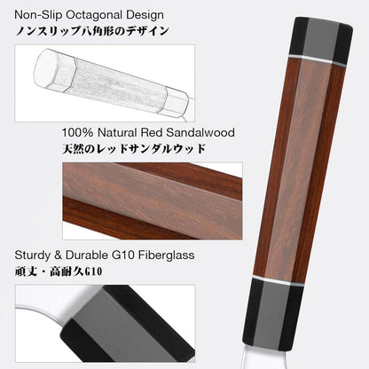 Japanese chef knife handle with non-slip octagonal design, natural red sandalwood, and durable G10 fiberglass