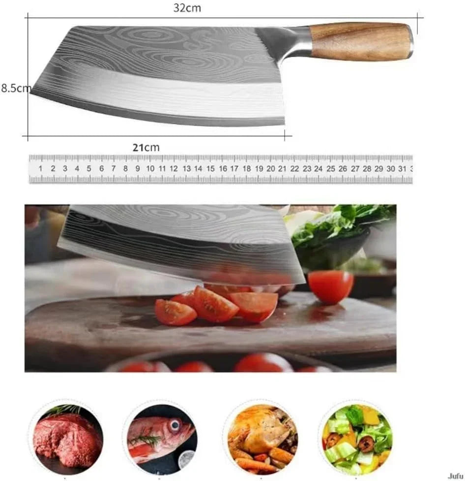 7-inch German stainless steel meat cleaver with wooden handle and wood grain pattern slicing tomatoes on cutting board