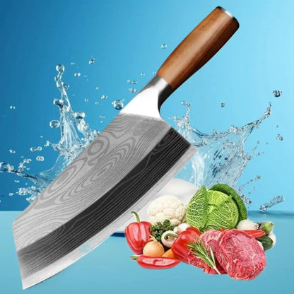 7-inch damascus stainless steel meat cleaver with wooden handle, splash water background, fresh vegetables and raw meat