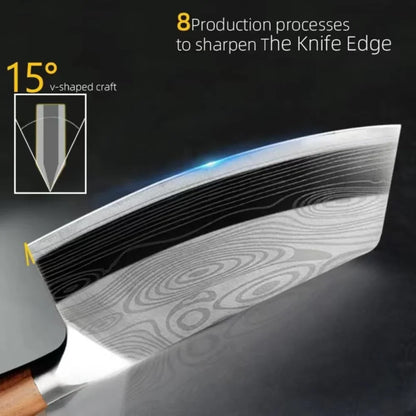 Close-up of a Damascus steel cleaver blade with 15° V-shaped edge and wood grain pattern