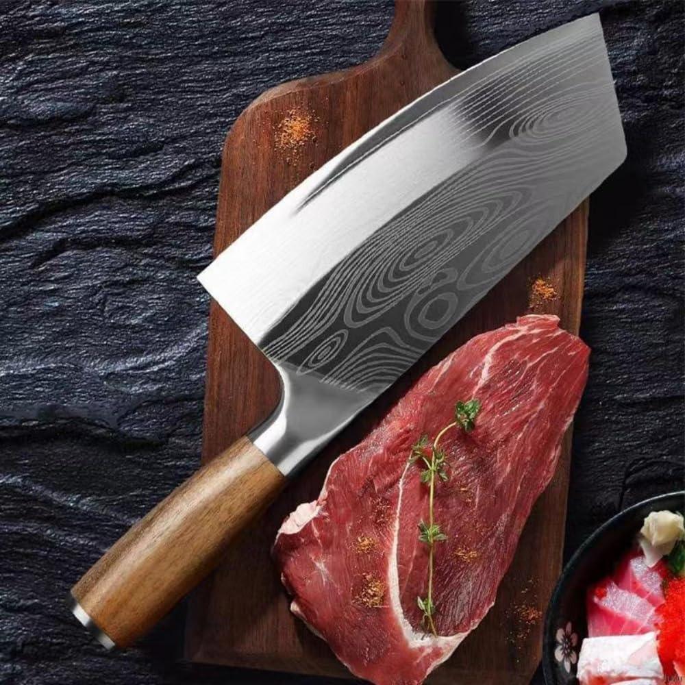7-inch meat cleaver with wooden handle and patterned stainless steel blade on wooden cutting board with raw beef and herbs