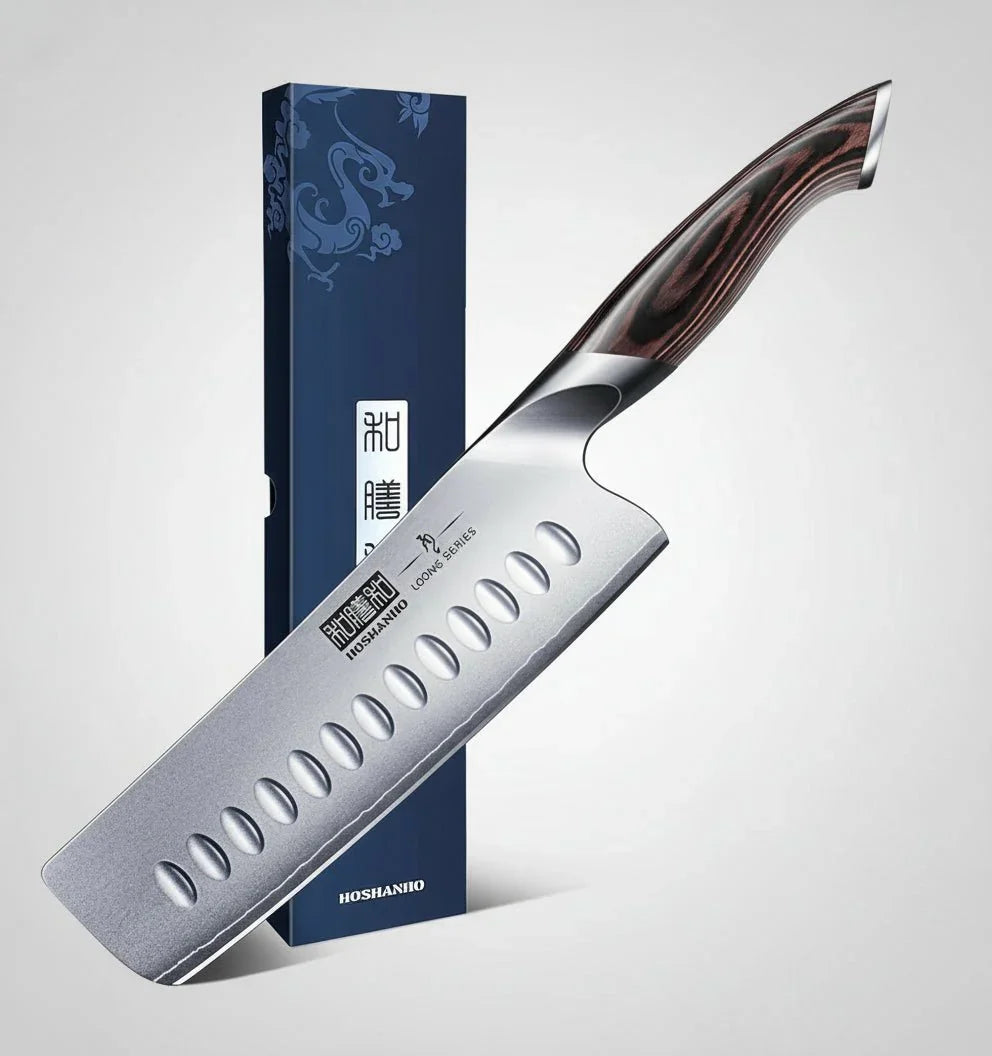 7-inch Japanese Nakiri chef knife with high carbon stainless steel blade and wood grain handle