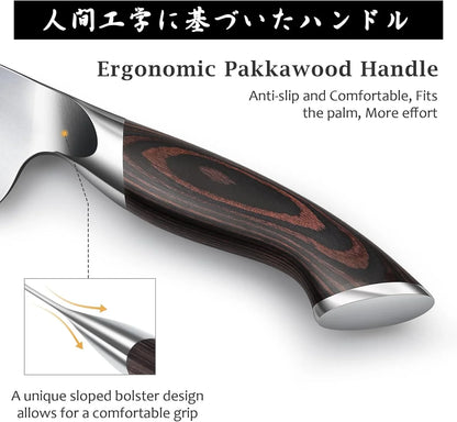 Ergonomic pakkawood handle on Japanese chef knife with anti-slip grip and sloped bolster design