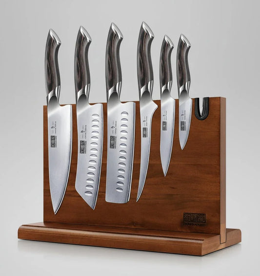 7-piece Japanese high carbon steel kitchen knife set with wooden magnetic block and dark wooden handles