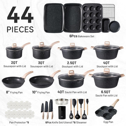 44Pcs Nonstick Cookware Sets, Pots and Pans Set with Bakeware | Kitchen Knife Set Included, Lightweight Die-Cast Aluminum, Fast & Even Heating, All-Stovetop Compatible2