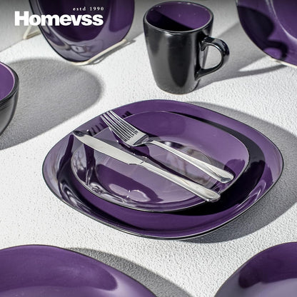 Homevss, Stoneware Square 16Pc Dinnerware Set, inside Shiny Purple and outside Matte Black4