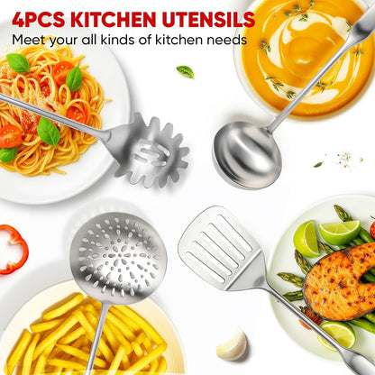 Newness 4 Pcs Cooking Utensils Set, 304 Stainless Steel Kitchen Utensils Set, Metal Kitchen Accessories, Include Soup Ladle, Slotted Skimmer Spoon, Spaghetti Spoon and Spatula, Dishwasher Safe8