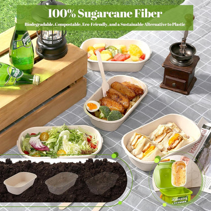 [100% Eco-Friendly] 34 Oz Disposable Food Containers with Lids – Sugarcane Pulp Take Out Containers, Biodegradable Lunch Box, Compostable and Microwave Safe To-Go Boxes for Meal Prep – Pack of 505