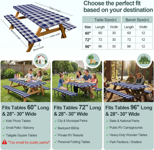 Picnic Table Cover with Bench Covers Camping Essentials Waterproof Windproof Camping Tablecloth with Drawstring Bag, Fitted Rectangle Tables and Seats, 72In, Blue Checkered5