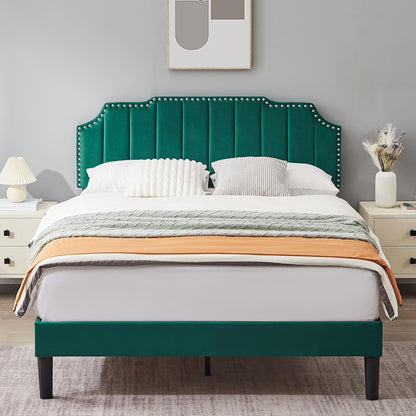 Full Size Velvet Upholstered Platform Bed Frame with Nailhead Trim,Tufted Height Adjustable Headboard,Full Bed with Wooden Slats/Mattress Foundatio/No Box Spring Needed/Under Bed Storage10