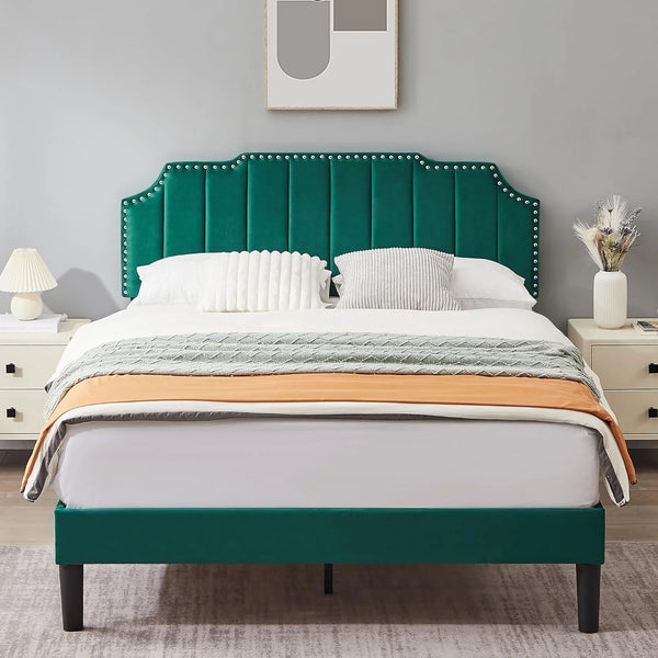 Full Size Velvet Upholstered Platform Bed Frame with Nailhead Trim,Tufted Height Adjustable Headboard,Full Bed with Wooden Slats/Mattress Foundatio/No Box Spring Needed/Under Bed Storage10