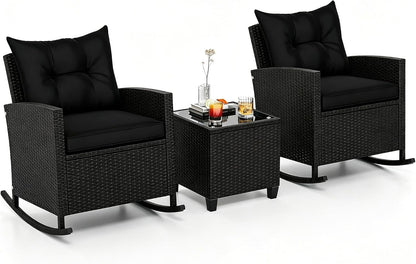 3 Pieces Patio Rocking Chair, Black Wicker Bistro Set (Black)1