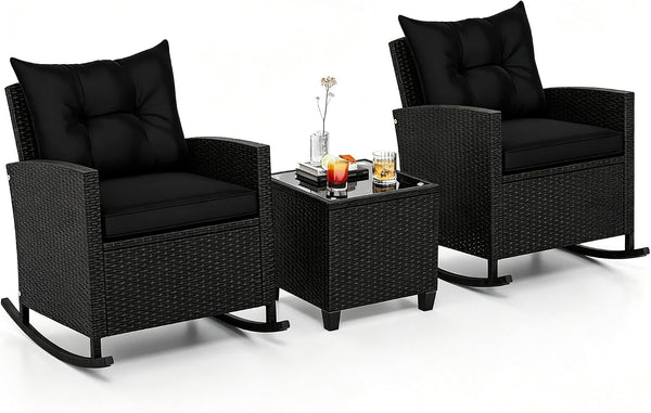 3 Pieces Patio Rocking Chair, Black Wicker Bistro Set (Black)1