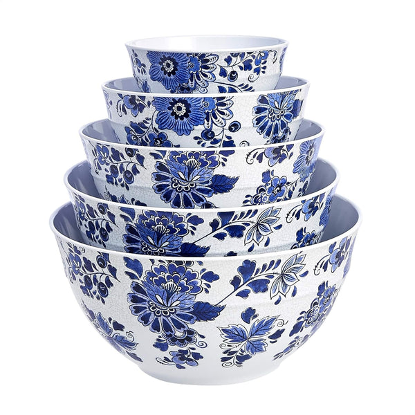 Mixing Bowls with Lids, Nesting Melamine Serving Bowls, Non-Slip Base, BPA Free, Dishwasher Safe, 5 Sizes, Blue and White Floral, Set of 103