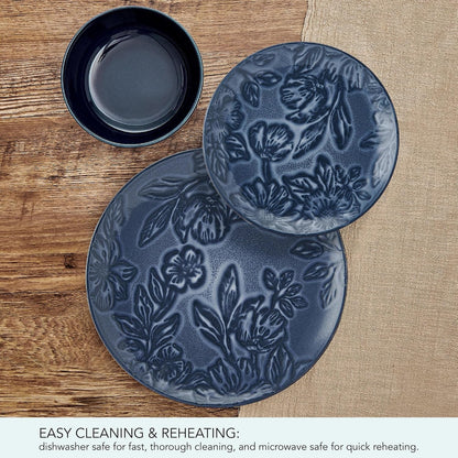 Paltzgraff Garden Elegance 12 Piece Floral Stoneware Dinnerware Plate Bowl Dish Set, Service for 4, Blue5
