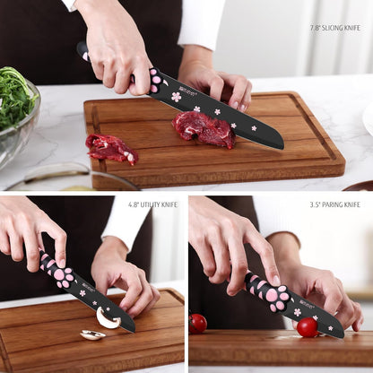 Cute Kitchen Knife Set, Dishwasher Safe, 5 Pieces Non-Stick Knives,Sharp for Chopping, Slicing, Dicing and Cutting, Cat Paw Handle7