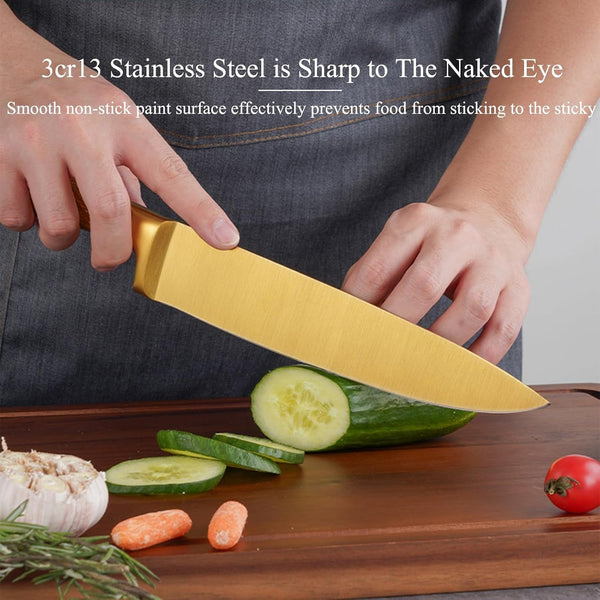 8Pcs Luxury Gold Kitchen Knife Set with Wooden Block,Elegant Gifts | High Carbon Stainless Steel Titanium Coated Chef Knives with Sharpener,Disherwash Safe,Housewarming Gift for Kitchen Decor2