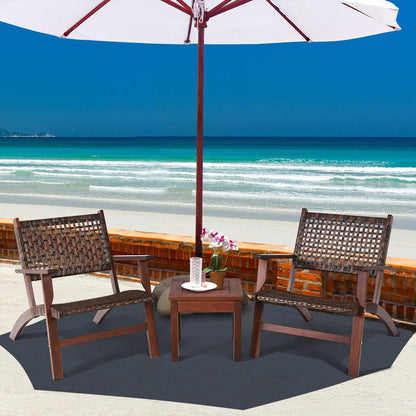 3 Pieces Patio Conversation Set, Solid Eucalyptus Wood Frame Outdoor Wicker Furniture Set Bistro Set with Coffee Table, Rattan Furniture Set for Backyard Porch Garden Poolside Balcony (Brown)4