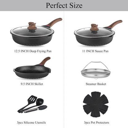 12PCS Nonstick Deep Frying Pan with Lid Cookware Set |  12-Piece Nonstick Cookware Set Utensils & Pot Protectors. Stay-Cool Handles, PFAS & Pfoa-Free.7
