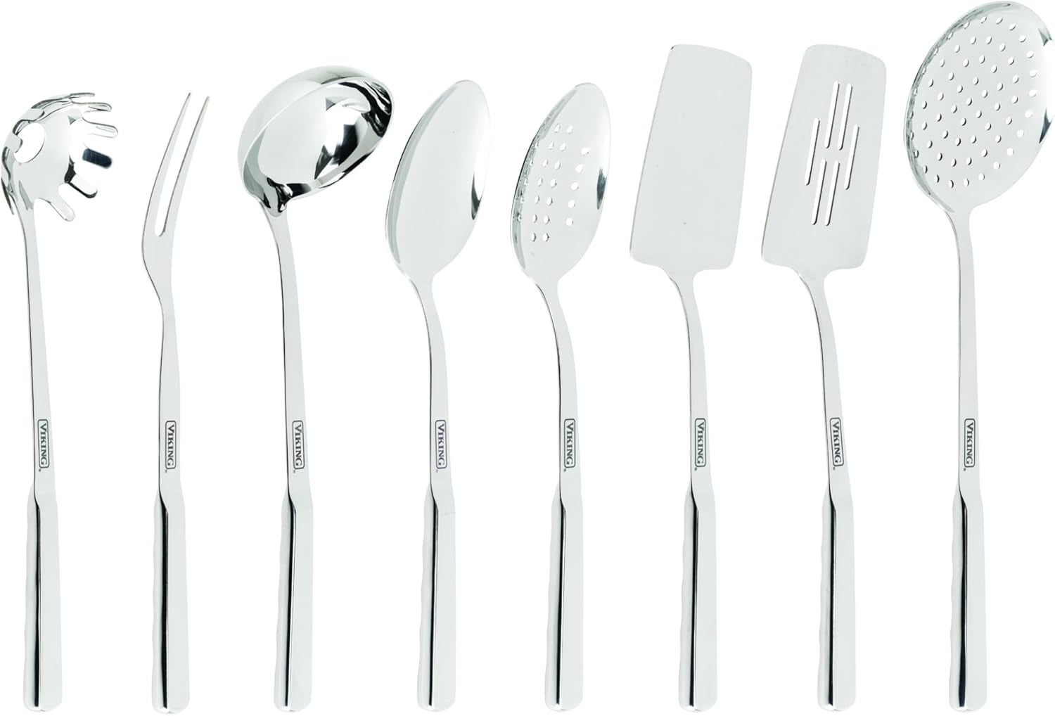 viking-kitchen-utensils-set-8-piece-stainless-steel-cooking-utensil-set-includes-spatulas-spoons-pasta-fork-deep-ladle-meat-fork-and-skimmer-silver