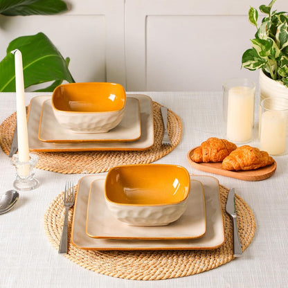 Ceramic Square 12 Pieces Dinnerware Set - Dinner Plates Salad Plates Cereal Bowls Set Service for 4 - Scratch Resistant Microwave Oven Dishwasher Safe - Beige2