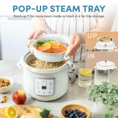 Corecoat™ Digital Rice Cooker (8 Cups Cooked) and Steamer with Nonstick Ceramic Rice Cooker Pot Coating and Pop-Up Steam Tray, 2 Quarts4