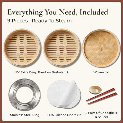 Bamboo Steamer Basket 10 Inch, Extra Deep Dumpling Steamer Set | Incl. Silicone Liners & Steel Ring, Steam Basket for Pot & Wok. Vegetable & Food Steamer for Dim Sum, Bao Buns3