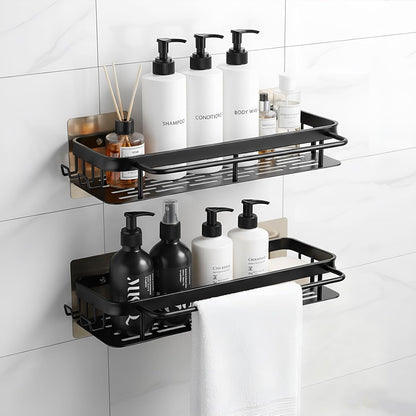 No-Drill Adhesive Shower Caddy, Black Aluminum Shelves 2-Pack2