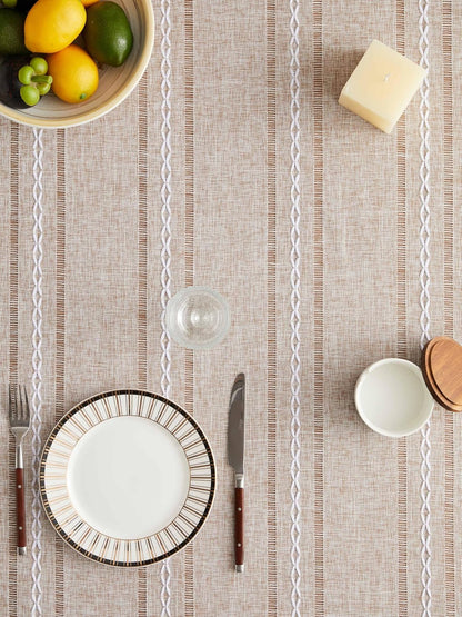 Hemstitched Striped Boho Table Cloth, 54X70 Inch Natural4