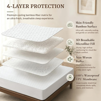 Waterproof Bamboo Mattress Protector Queen Size, 320G Ultra-Thick Noiseless Cooling Mattress Cover Fits 6-22" Deep Pocket - ASTM Certified Breathable for Hot Sleepers, Heavy Duty Elastic7