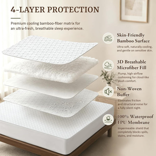 Waterproof Bamboo Mattress Protector Queen Size, 320G Ultra-Thick Noiseless Cooling Mattress Cover Fits 6-22" Deep Pocket - ASTM Certified Breathable for Hot Sleepers, Heavy Duty Elastic7