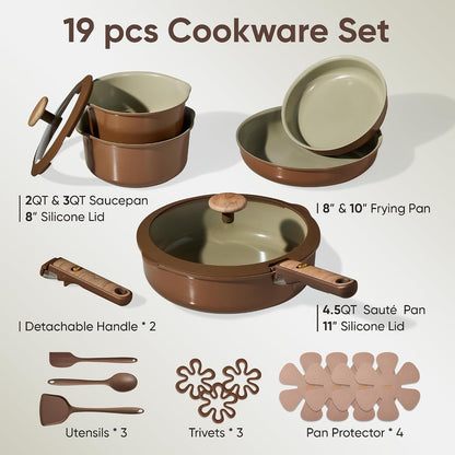 Ceramic Cookware Set, Pots and Pans Set Non Stick with Detachable Handle, RV Kitchen Cooking Set, Induction & Oven Safe, PFAS and PFOA Free, Pistachio Green 19 Pcs2