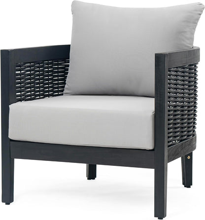 Peron Patio 4-Seater Conversation Set, Sofa/Loveseat, 2 Club Chairs, Coffee Table, Cushion+Back Pillows, Acacia Wood+Wicker, Garden, Backyard, Poolside, Black + Light Grey8