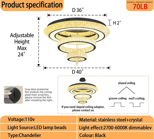 Modern Led Ring Chandelier for Living Room Luxury 3 Ring Crystal Chandelier Lighting 40In Black LED Dimmable Flush Mount Chandelier2