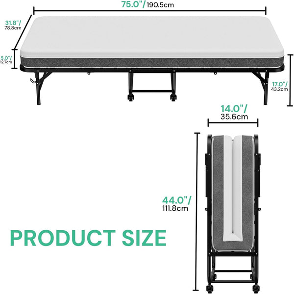 Folding Bed with Mattress for Adults & Kids, Cot Size, 75" X 31", Portable Foldable Bed with 5" Memory Foam Mattress, Rollaway Beds, Fold Up, Super Strong Frame(Cot)2