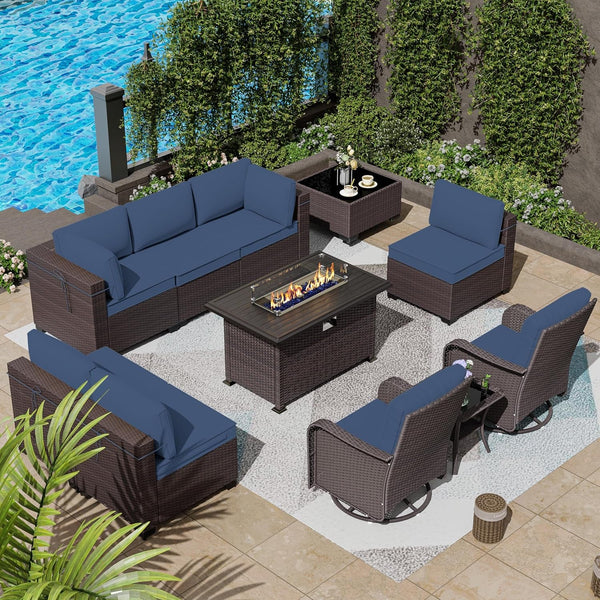 11 Pieces Patio Furniture Set with 2 Swivel Chairs Patio Furniture Outdoor Sectional Sofas with 55000 Gas Fire Pit Patio Conversation Set W/7 Cushions8