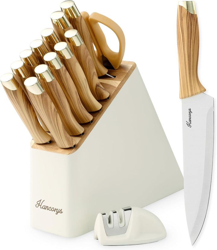 Knife Set, 15 PCS Kitchen Knife Set with Block and Sharpener | German Stainless Steel Gold Chef Knives Set with Ergonomic Wood Grain Handle, Ultra Sharp Cooking Knives Utensils Set